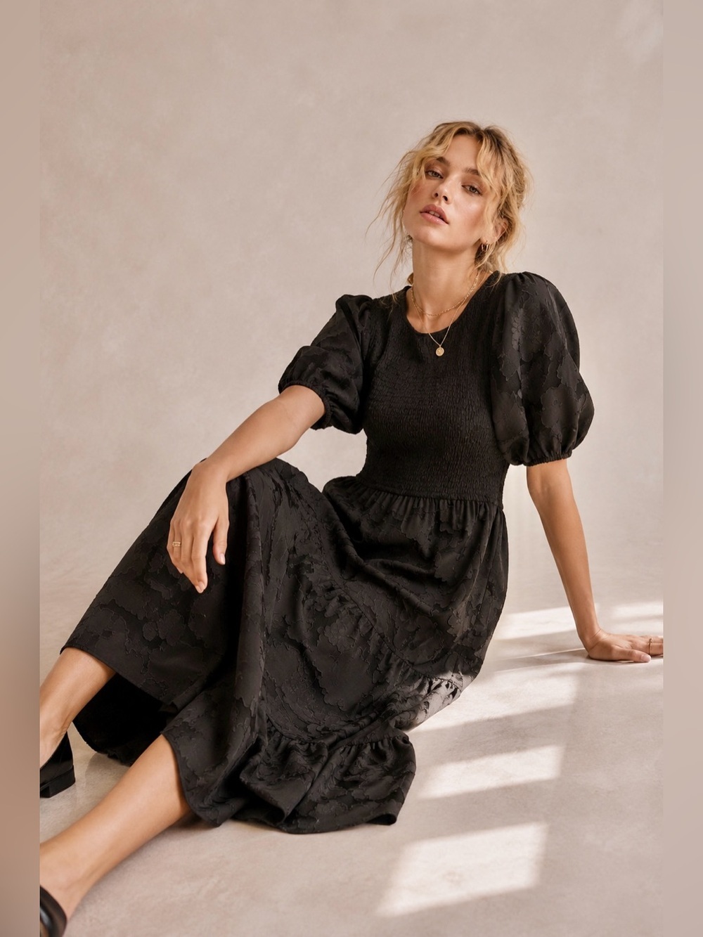 Black Floral Lace Midi Dress Puff Sleeve NWOT